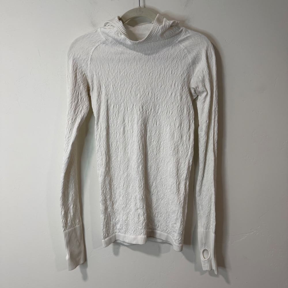 Lululemon Womens Rest‎ Less Hoodie 6 White Textured Thumbhole Pullover Fitted